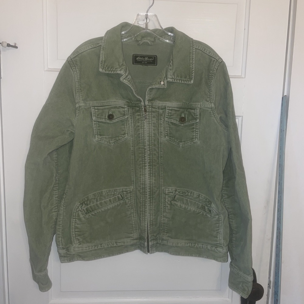 Eddie Bauer Olive Green Cordorouy Jacket Size Large‎ Zippered Four Pockets